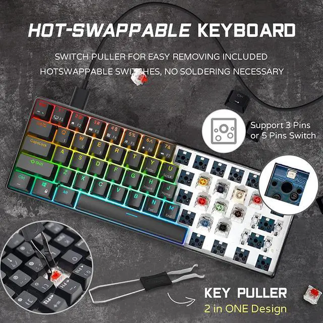 Alt view image 3 of 7 - RK ROYAL KLUDGE RK61 Wired 60% Mechanical Gaming Keyboard Programmable QMK/VIA RGB Backlit 61 Keys Ultra-Compact Hot Swappable Brown Switch Black