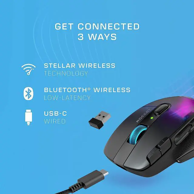 Alt view image 4 of 7 - ROCCAT Kone XP Air \u2013 Wireless Customizable Ergonomic RGB Gaming Mouse, 19K DPI Optical Sensor, 100-hour Battery & Charging Dock, 29 Programmable Inputs & AIMO RGB Lighting, 4D Wheel \u2013 Black