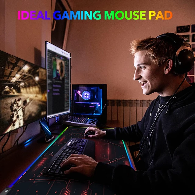 Alt view image 7 of 7 - Large Gaming Mouse Pad RGB Keyboard Led Mousepad Extended 35.4 x 15.8 inch Non-Slip Rubber Base with 14 Lighting Modes Desk Mat Red Circuit Board Motherboard