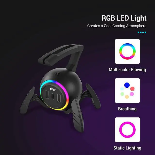 Alt view image 4 of 7 - KIWIFOTOS Mouse Bungee RGB Gaming Mouse Cord Holder Controller, Upgraded Flexible Cable Management Smart RGB LED Lights 2 Port USB Hub & 1 Type-C, Spider Mouse Wire Holder