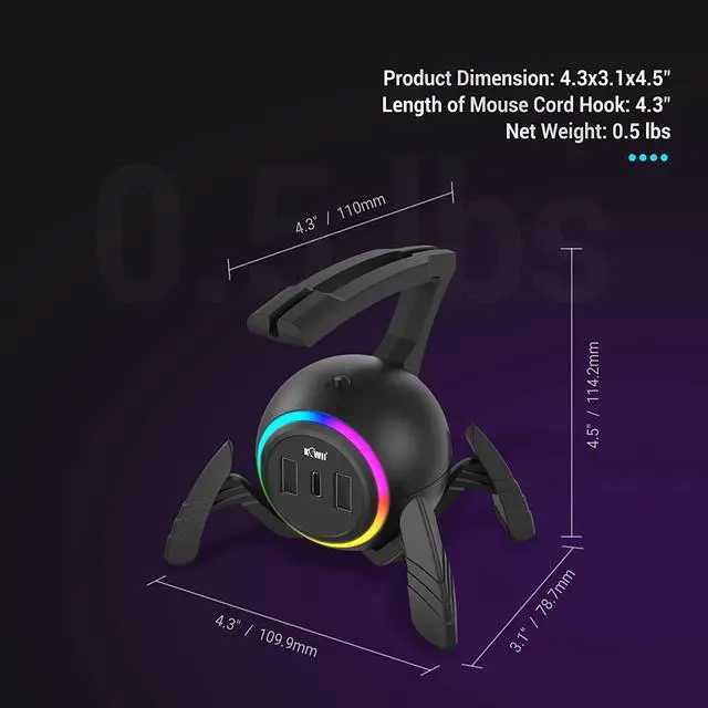 Alt view image 6 of 7 - KIWIFOTOS Mouse Bungee RGB Gaming Mouse Cord Holder Controller, Upgraded Flexible Cable Management Smart RGB LED Lights 2 Port USB Hub & 1 Type-C, Spider Mouse Wire Holder