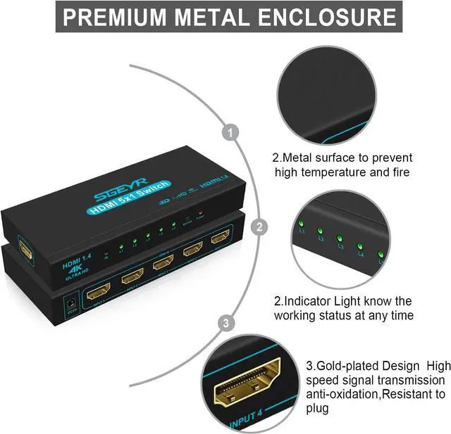 Alt view image 3 of 7 - HDMI Switch SGEYR 5x1 HDMI Switcher 5 in 1 Out HDMI Switch Selector 5 Port Box with IR Remote Control HDMI 1.4 HDCP 1.4 Support 4K@30Hz Ultra HD 3D 2160P 1080P