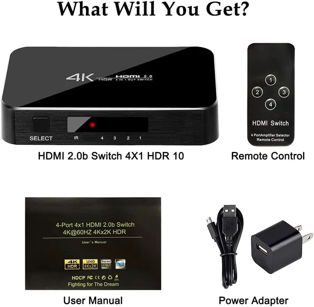 Alt view image 7 of 7 - HDMI Switch 4X1, 4K Ultra HD HDMI Switcher 4 in 1 Out Support HDMI 2.0 HDCP 2.2,4K@60Hz, 3D,1080P, 4Kx2k@60Hz (IR Remote Control)