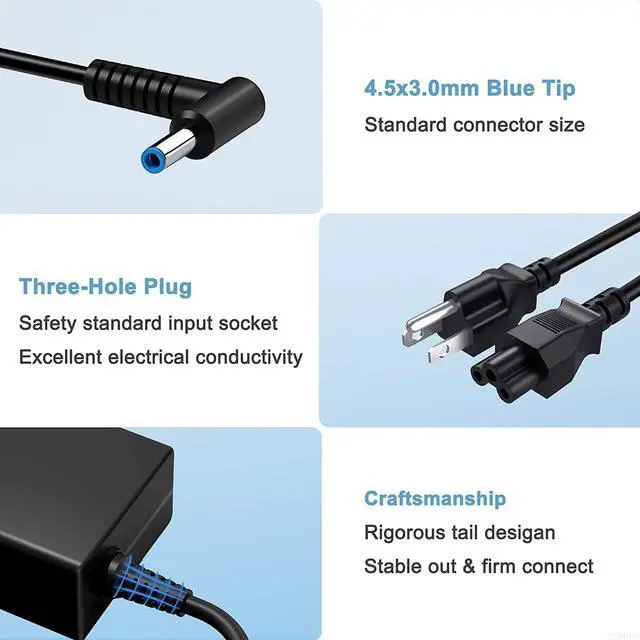 Alt view image 6 of 6 - 65W 19.5V 3.33A Ac Adapter for HP Pavilion x360 11 13 15, Zbook 14u G4 G5 15u 15 G3, 15-f111dx 15-f211wm 15-f233wm 15-f278nr 15-r052nr 15-r132wm Power Supply Blue Tip