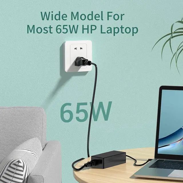 Alt view image 2 of 7 - 65W for HP Laptop Charger Probook, Envy, Pavilion, Stream, EliteBook, X360 HP Computer Charger Blue Tip Notebook PC AC Adapter Power Cord - 10ft