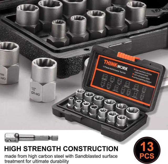 Alt view image 2 of 7 - THINKWORK Bolt Extractor Set, 13+1 Pieces Impact & Nut Remover Stripped Lug Remover, Extraction Socket Set for Removing Damaged, Frozen, Rusted, Rounded-Off Bolts, Nuts Screws