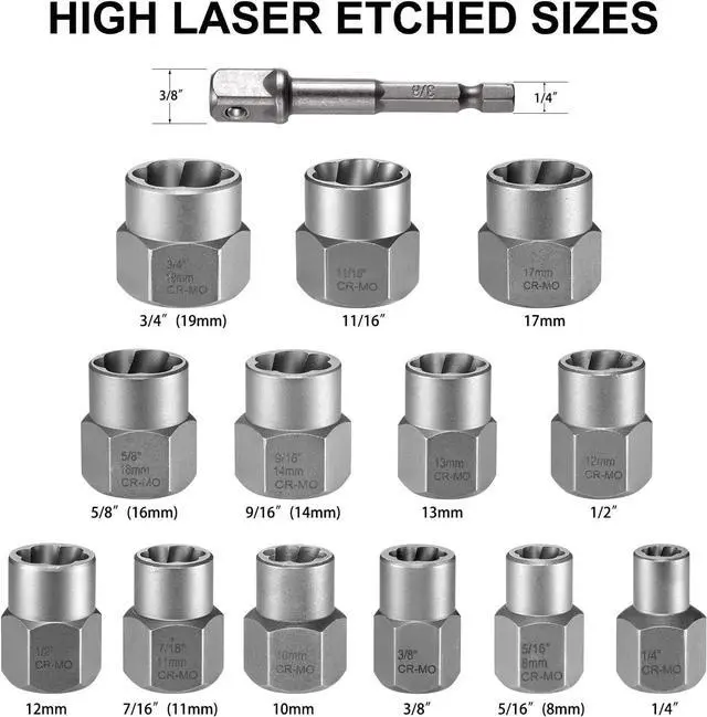 Alt view image 6 of 7 - THINKWORK Bolt Extractor Set, 13+1 Pieces Impact & Nut Remover Stripped Lug Remover, Extraction Socket Set for Removing Damaged, Frozen, Rusted, Rounded-Off Bolts, Nuts Screws