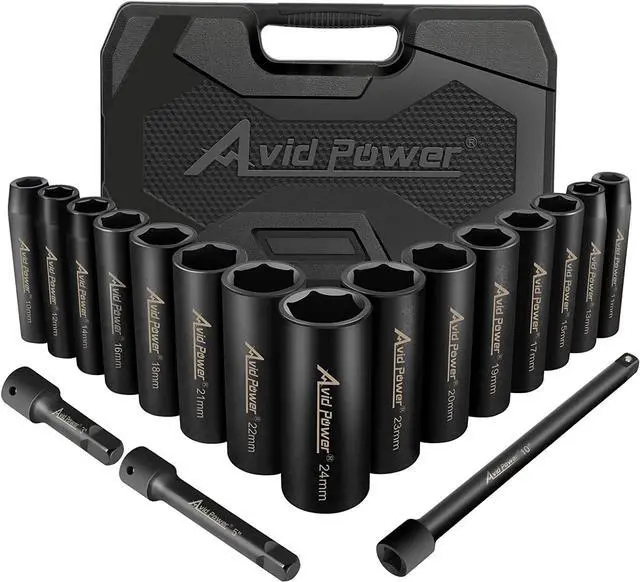 Main image of AVID POWER 18pcs 1/2-inch Drive Impact Socket Set, 10-24mm Metric Sizes Sockets and 3'' 5'' 10'' Extension Bar, 6 Point, Cr-V Steel Socket Set