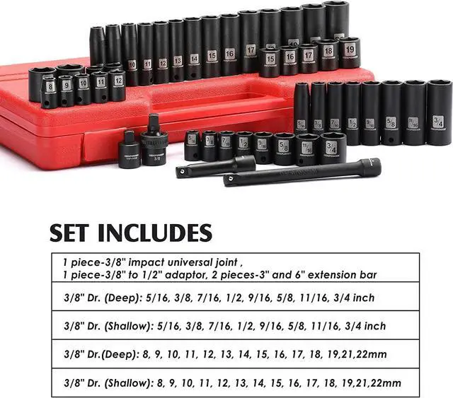 Alt view image 2 of 7 - MIXPOWER 3/8" Drive Deep Impact Socket Set, 6 Point, 48 Piece Standard SAE and Metric Sizes-5/16-Inch to 3/4-Inch and 8-22 mm, 3/8'' impact universal joint, Cr-V Steel Mechanic Socket Set