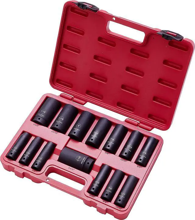 Alt view image 2 of 7 - Impact Socket Set 1/2 Inch Drive Deep SAE Sizes 14 Piece, 3/8-1-1/4 Inch 6 Point Chrome Vanadium Steel Black Phosphate Finish with Tool Box Storage Case