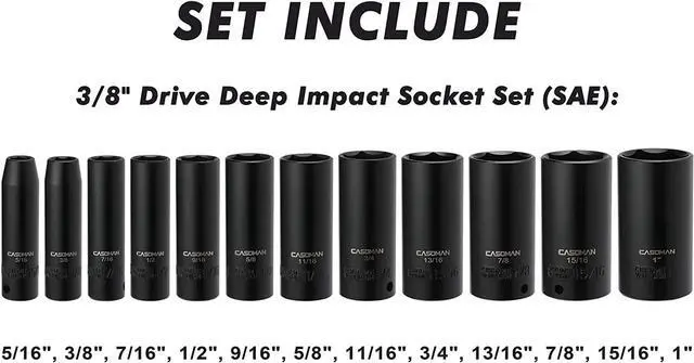 Alt view image 2 of 7 - CASOMAN 12 Pieces 3/8-Inch Drive Impact Socket Set, 6-Point, SAE, Deep, CR-V, 5/16" to 1", Heavy Duty Blow Molded Storage Case