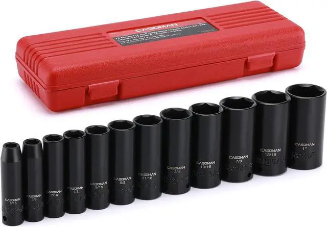 Main image of CASOMAN 12 Pieces 3/8-Inch Drive Impact Socket Set, 6-Point, SAE, Deep, CR-V, 5/16" to 1", Heavy Duty Blow Molded Storage Case