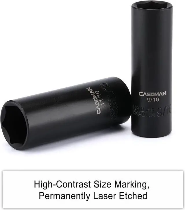 Alt view image 4 of 7 - CASOMAN 12 Pieces 3/8-Inch Drive Impact Socket Set, 6-Point, SAE, Deep, CR-V, 5/16" to 1", Heavy Duty Blow Molded Storage Case