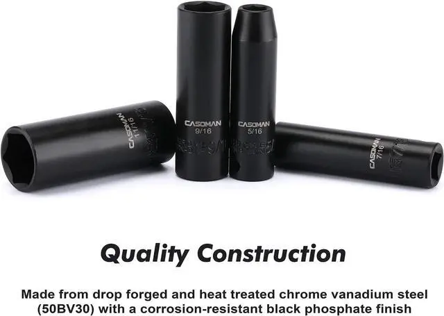 Alt view image 5 of 7 - CASOMAN 12 Pieces 3/8-Inch Drive Impact Socket Set, 6-Point, SAE, Deep, CR-V, 5/16" to 1", Heavy Duty Blow Molded Storage Case