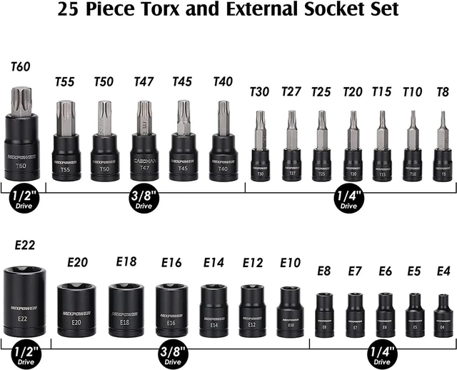 Alt view image 2 of 7 - MIXPOWER 25 Piece Torx Bit Socket and Female External Socket Set, 13 Star Socket Bits (T8- T60)& 12 Female E-Torx Sockets (E4-E22), Professional Grade Auto & Motorcycle Mechanic Socket Set