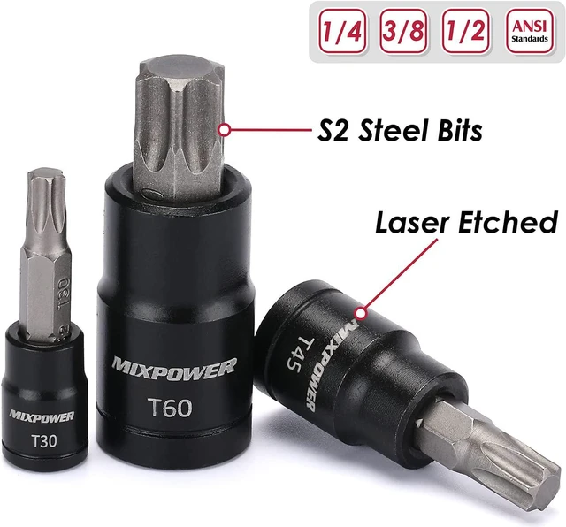 Alt view image 4 of 7 - MIXPOWER 25 Piece Torx Bit Socket and Female External Socket Set, 13 Star Socket Bits (T8- T60)& 12 Female E-Torx Sockets (E4-E22), Professional Grade Auto & Motorcycle Mechanic Socket Set