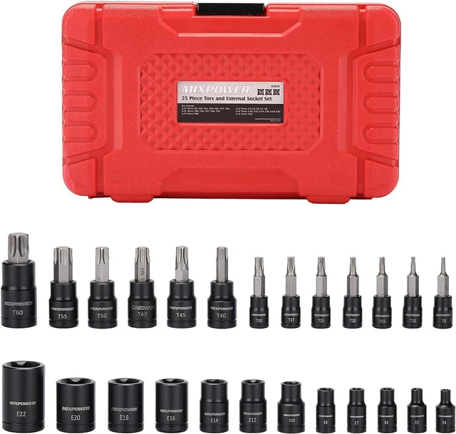 Alt view image 5 of 7 - MIXPOWER 25 Piece Torx Bit Socket and Female External Socket Set, 13 Star Socket Bits (T8- T60)& 12 Female E-Torx Sockets (E4-E22), Professional Grade Auto & Motorcycle Mechanic Socket Set