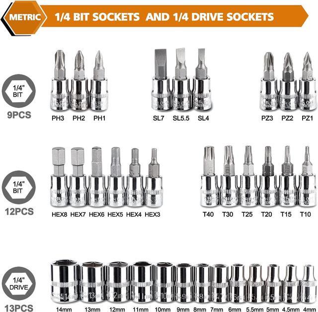 Alt view image 2 of 7 - Egofine 46 Pieces 1/4 inch Drive Socket Ratchet Wrench Set, with Bit Socket Set Metric and Extension Bar for Auto Repairing and Household, with Storage Case