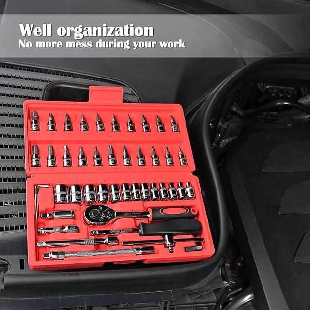 Alt view image 5 of 7 - Egofine 46 Pieces 1/4 inch Drive Socket Ratchet Wrench Set, with Bit Socket Set Metric and Extension Bar for Auto Repairing and Household, with Storage Case