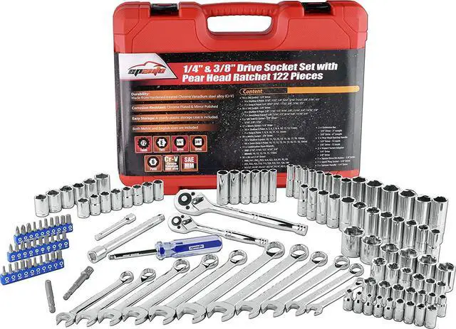 Alt view image 7 of 7 - EPAuto Mechanics Tool Socket Set Drive Socket Wrench Ratchets, SAE/Metric, 122-Piece