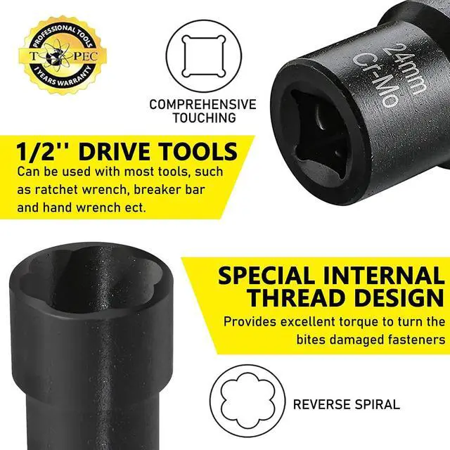 Alt view image 7 of 7 - TOPEC Bolt Extractor Set, 10 Piece Lug Nut Remover Socket Tool, 1/2" Drive Impact Wheel Lock Removal Kit for Removing Damaged, Dead, Rusted, Rounded-Off Bolts, Lug Nuts & Screws