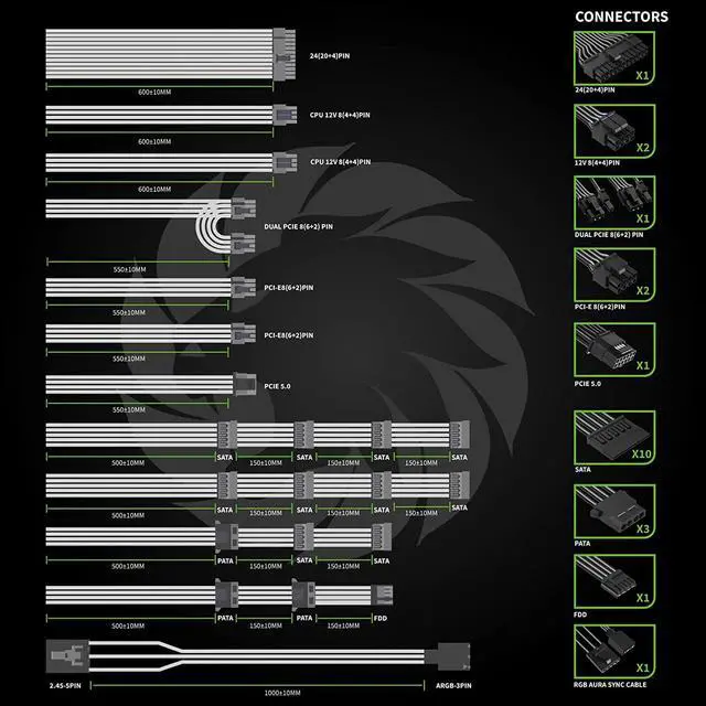 Alt view image 7 of 7 - GAMEMAX 1300W Power Supply, Fully Modular, 80+ Platinum Certified, PCIe 5.0, ARGB Aura Sync, 10 Year Warranty, RGB-1300