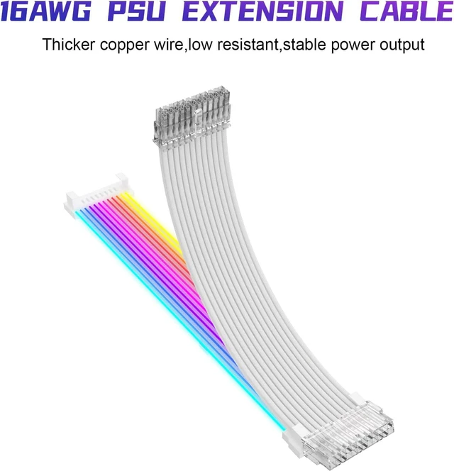 Alt view image 2 of 6 - Sirlyr RGB PSU Cables,ARGB Motherboard Power Supply Cable,24 Pin Sleeved Cable Extension Kit,Strimer Extension Cable Kit 5V 3Pin Synchronized,Customed White PC Chassis (Transparent Connector)