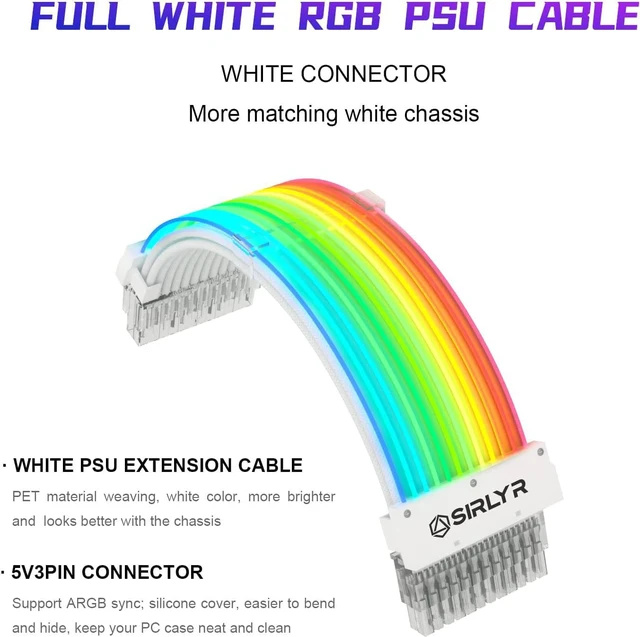 Alt view image 3 of 6 - Sirlyr RGB PSU Cables,ARGB Motherboard Power Supply Cable,24 Pin Sleeved Cable Extension Kit,Strimer Extension Cable Kit 5V 3Pin Synchronized,Customed White PC Chassis (Transparent Connector)