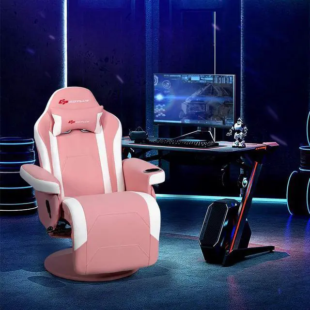 Alt view image 2 of 7 - Goplus Pink Massage Gaming Chair, Racing Style Gaming Recliner w/Adjustable Backrest and Footrest, Ergonomic High Back PU Leather Computer Office Chair Swivel Game Chair w/Cup Holder and Side Pouch