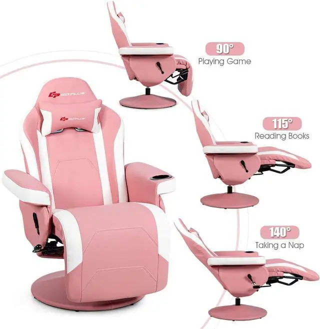 Alt view image 4 of 7 - Goplus Pink Massage Gaming Chair, Racing Style Gaming Recliner w/Adjustable Backrest and Footrest, Ergonomic High Back PU Leather Computer Office Chair Swivel Game Chair w/Cup Holder and Side Pouch