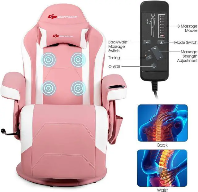 Alt view image 5 of 7 - Goplus Pink Massage Gaming Chair, Racing Style Gaming Recliner w/Adjustable Backrest and Footrest, Ergonomic High Back PU Leather Computer Office Chair Swivel Game Chair w/Cup Holder and Side Pouch