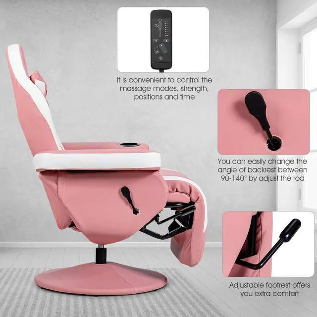 Alt view image 6 of 7 - Goplus Pink Massage Gaming Chair, Racing Style Gaming Recliner w/Adjustable Backrest and Footrest, Ergonomic High Back PU Leather Computer Office Chair Swivel Game Chair w/Cup Holder and Side Pouch