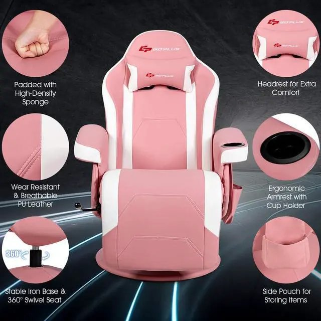 Alt view image 7 of 7 - Goplus Pink Massage Gaming Chair, Racing Style Gaming Recliner w/Adjustable Backrest and Footrest, Ergonomic High Back PU Leather Computer Office Chair Swivel Game Chair w/Cup Holder and Side Pouch