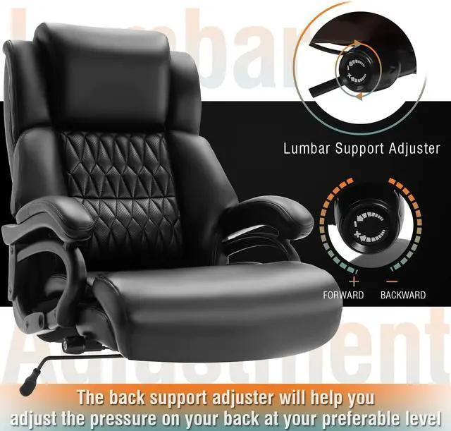 Alt view image 3 of 7 - Big and Tall 400lbs Office Chair - Adjustable Lumbar Support Quiet Rubber Wheels Heavy Duty Metal Base, High Back Large Executive Computer Desk, Thick Padded Ergonomic Design for Back Pain (Black)