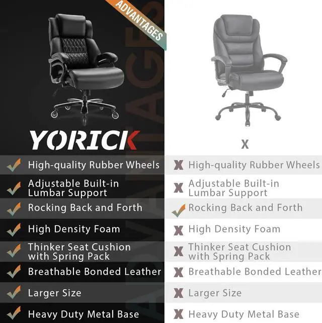 Alt view image 6 of 7 - Big and Tall 400lbs Office Chair - Adjustable Lumbar Support Quiet Rubber Wheels Heavy Duty Metal Base, High Back Large Executive Computer Desk, Thick Padded Ergonomic Design for Back Pain (Black)