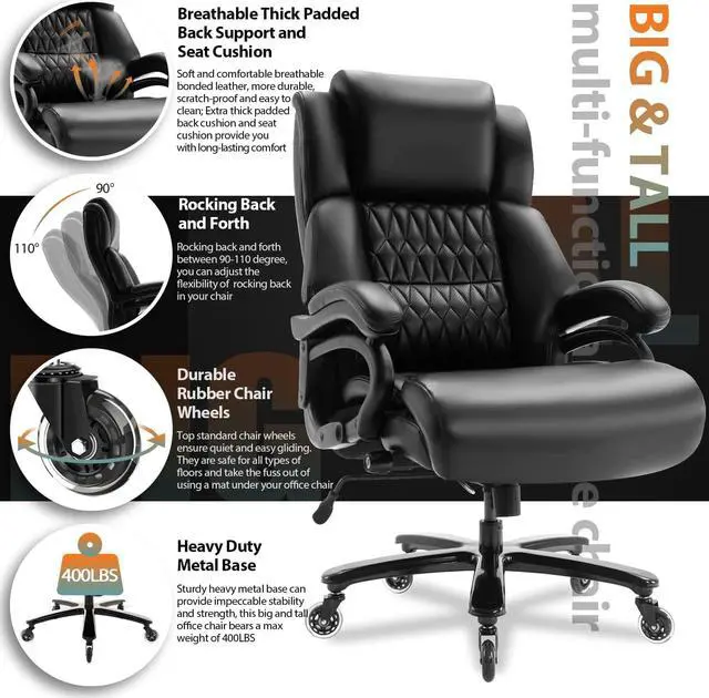 Alt view image 4 of 7 - Big and Tall 400lbs Office Chair - Adjustable Lumbar Support Quiet Rubber Wheels Heavy Duty Metal Base, High Back Large Executive Computer Desk, Thick Padded Ergonomic Design for Back Pain (Black)