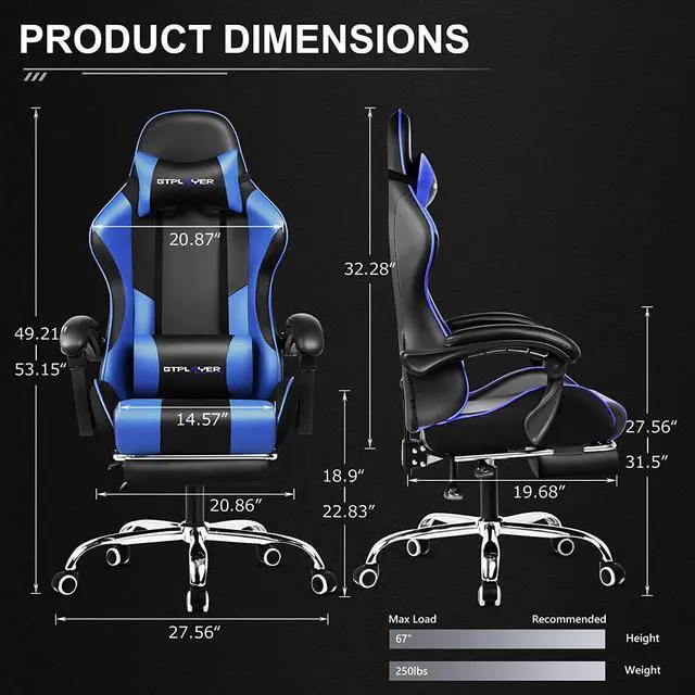 Alt view image 7 of 7 - GTPLAYER Gaming Chair, Computer Chair with Footrest and Lumbar Support, Height Adjustable Gaming Chair with 360°-Swivel Seat and Headrest for Gaming or Office (Blue)