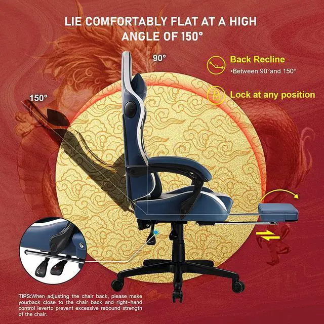 Alt view image 6 of 7 - GTPLAYER Gaming Chair with Bluetooth Speakers and Footrest, Dragon Series Video Game Chair Heavy Duty, Ergonomic, Esports Computer Office Chair Blue (Royal Blue)