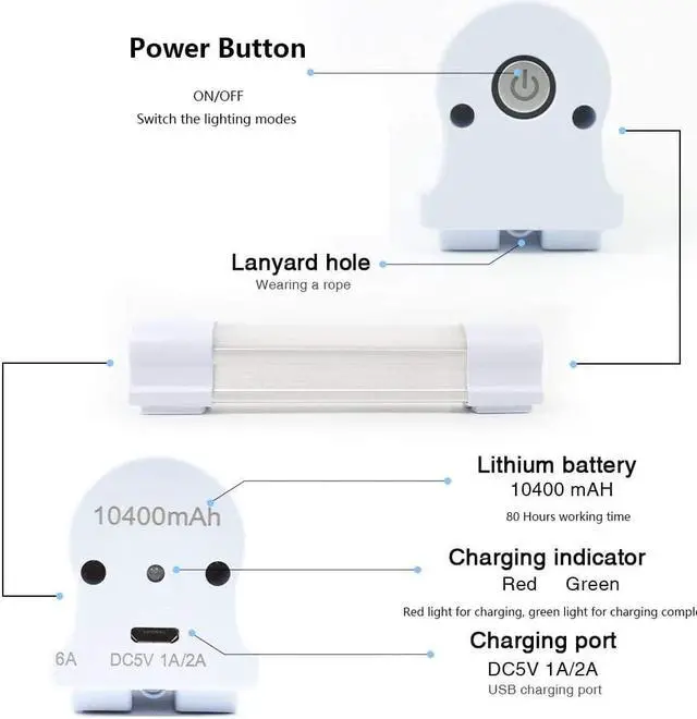 Alt view image 3 of 6 - LETOUR LED Tube Magnetic Light Work Lights 6000Lumens 10400mAh 5 Lighting Options Camping Lantern USB Rechargeable Portable Battery Powered Lights with 2 Magnets Endurance for 80 Hours