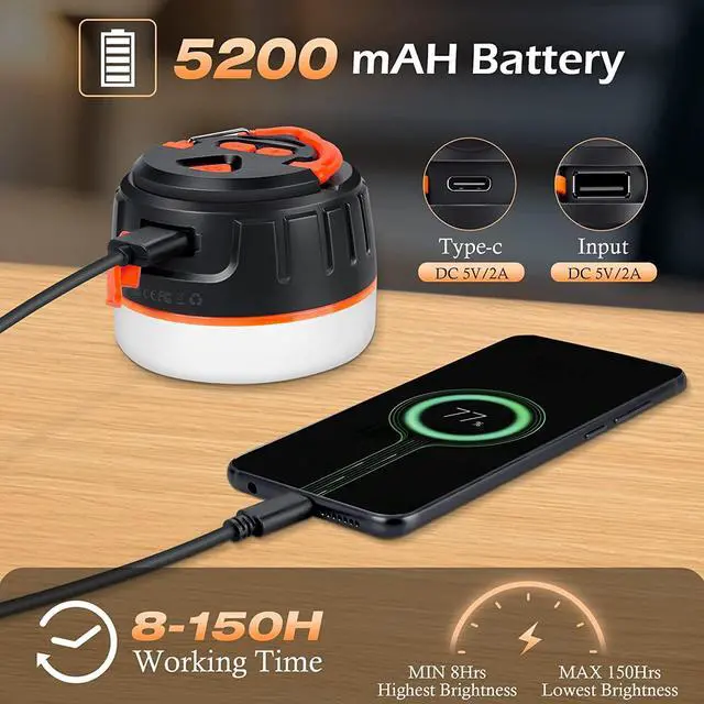 Alt view image 3 of 7 - Sinvitron Camping Lantern 1000LM, 5200mAh Camping Lights with Remote Control, Up to 150H Running, 5 Lighting Modes,IPX5 Waterproof Emergency Light for Home,Power Outages, Hiking,Fishing (Org)