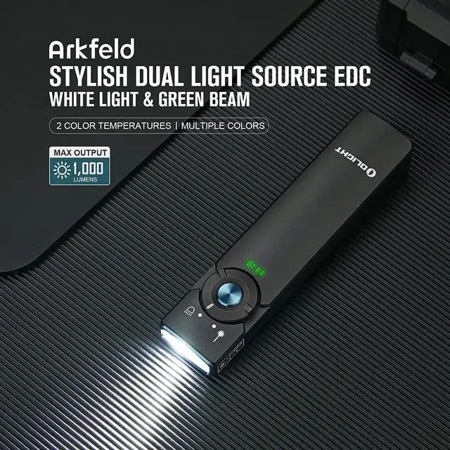Alt view image 2 of 7 - OLIGHT Arkfeld EDC Flat Flashlight, 1000 Lumens White LED Light with Green Beam Combo, Power by Rechargeable Built-in Battery for Outdoors, Emergency, Work (Black CW)