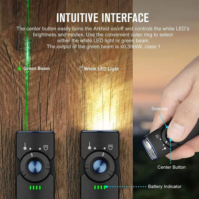 Alt view image 3 of 7 - OLIGHT Arkfeld EDC Flat Flashlight, 1000 Lumens White LED Light with Green Beam Combo, Power by Rechargeable Built-in Battery for Outdoors, Emergency, Work (Black CW)