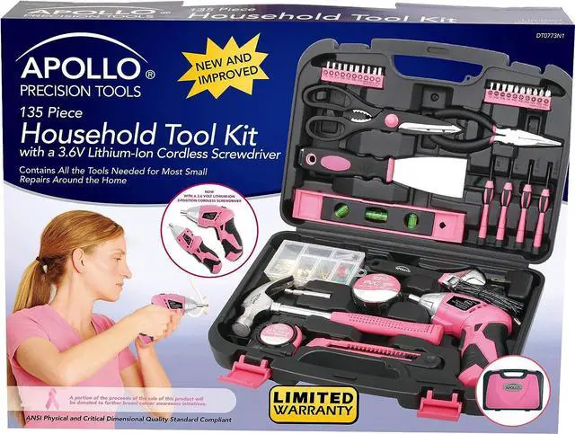 Alt view image 4 of 7 - Apollo 135 Piece Household Tool Kit Pink with Pivoting Dual-Angle 3.6 V Lithium-Ion Cordless Screwdriver - DT0773N1