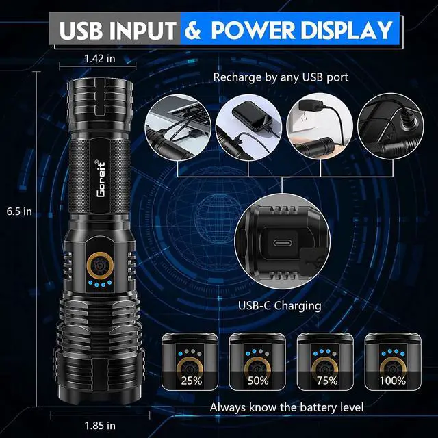 Alt view image 4 of 7 - Flashlights LED High Lumens Rechargeable, Goreit 950000 Lumens XHP70.2 Super Bright Flashlight, Flash Light Battery Powered, Powerful Handheld Flashlight with holster for Emergency Camping Hiking Gift
