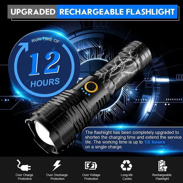 Alt view image 3 of 7 - Flashlights LED High Lumens Rechargeable, Goreit 950000 Lumens XHP70.2 Super Bright Flashlight, Flash Light Battery Powered, Powerful Handheld Flashlight with holster for Emergency Camping Hiking Gift