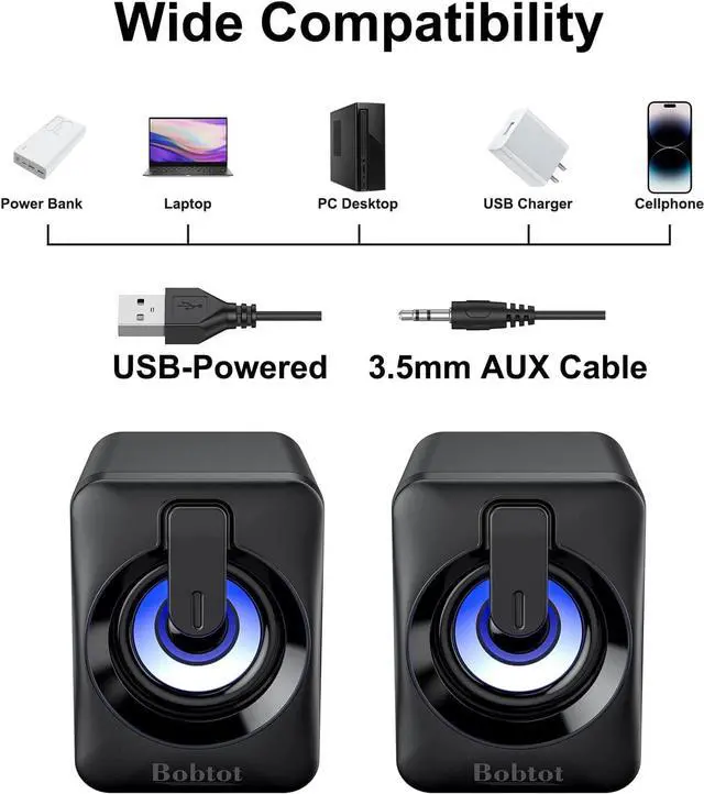 Alt view image 7 of 7 - Computer Speaker USB Powered - 2.0 Mini Portable Bluetooth Subwoofer with RGB Lights Volume Control 3.5mm AUX-in HiFi Stereo Sound Desk Audio System for PCs Laptops Tablet Phone