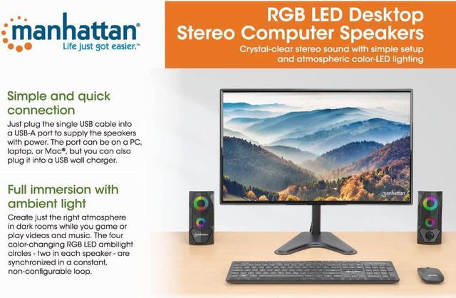 Alt view image 6 of 7 - Manhattan USB Powered RBG Gaming Speakers - with Stereo Sound, Long 6ft Cord, Colorful Lights, Volume Control & 3.5 mm Audio Plug  for Computer, Monitor, Laptop, PC, Desktop -3 Yr Mfg Warranty168359