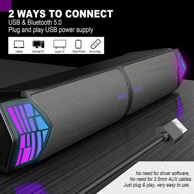 Alt view image 4 of 6 - Smalody Computer Speakers for Desktop Gaming Monitor with RGB Lights, 2 in-1 Bluetooth PC Speakers Soundbar USB Powered, Can Be Split and Combined Freely
