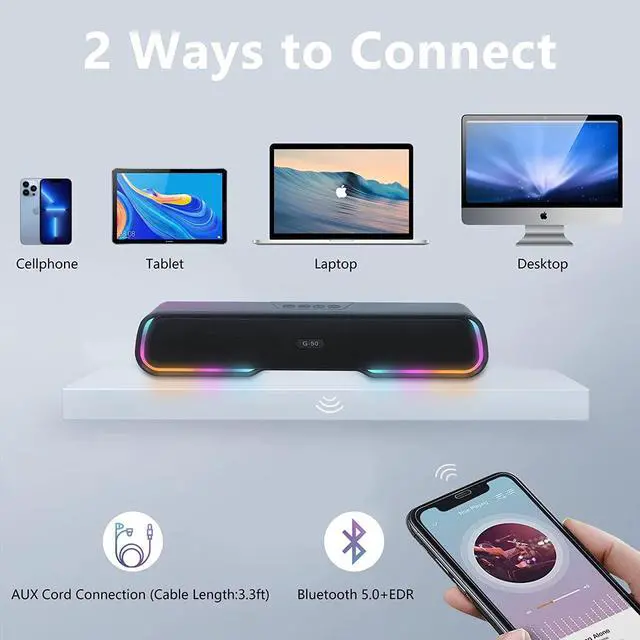 Alt view image 5 of 7 - MELOGAGA Computer Speakers, HiFi Stereo Desktop Soundbar, Dynamic RGB PC Gaming Speaker, Bluetooth 5.0 & 3.5mm Wired Sound Bar for Desktop, Laptops, Monitors, Projectors, Tablet, Phones