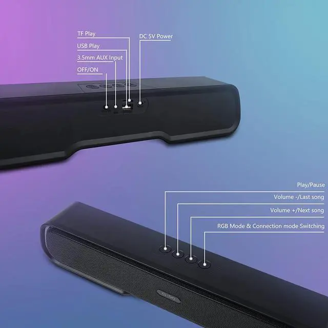 Alt view image 6 of 7 - MELOGAGA Computer Speakers, HiFi Stereo Desktop Soundbar, Dynamic RGB PC Gaming Speaker, Bluetooth 5.0 & 3.5mm Wired Sound Bar for Desktop, Laptops, Monitors, Projectors, Tablet, Phones